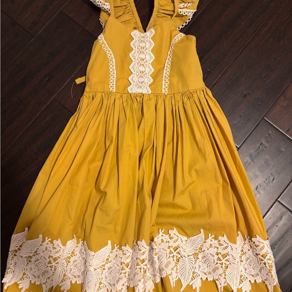 Girls' Mustard Yellow Lace-Trim Party Dress - Picture 8 of 9